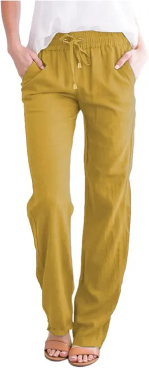 Women's Linen Pants Casual Classic Loose Wide Leg Linen Trousers Lightweight Drawstring Straight Leg Cotton Linen Pant