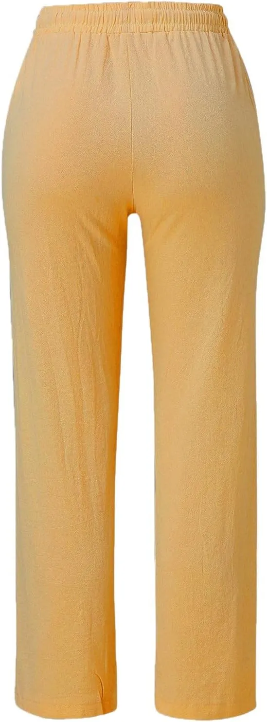Women's Linen Pants Casual Classic Loose Wide Leg Linen Trousers Lightweight Drawstring Straight Leg Cotton Linen Pant