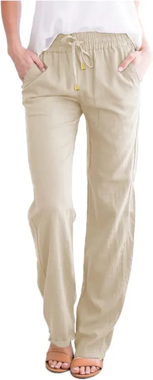 Women's Linen Pants Casual Classic Loose Wide Leg Linen Trousers Lightweight Drawstring Straight Leg Cotton Linen Pant