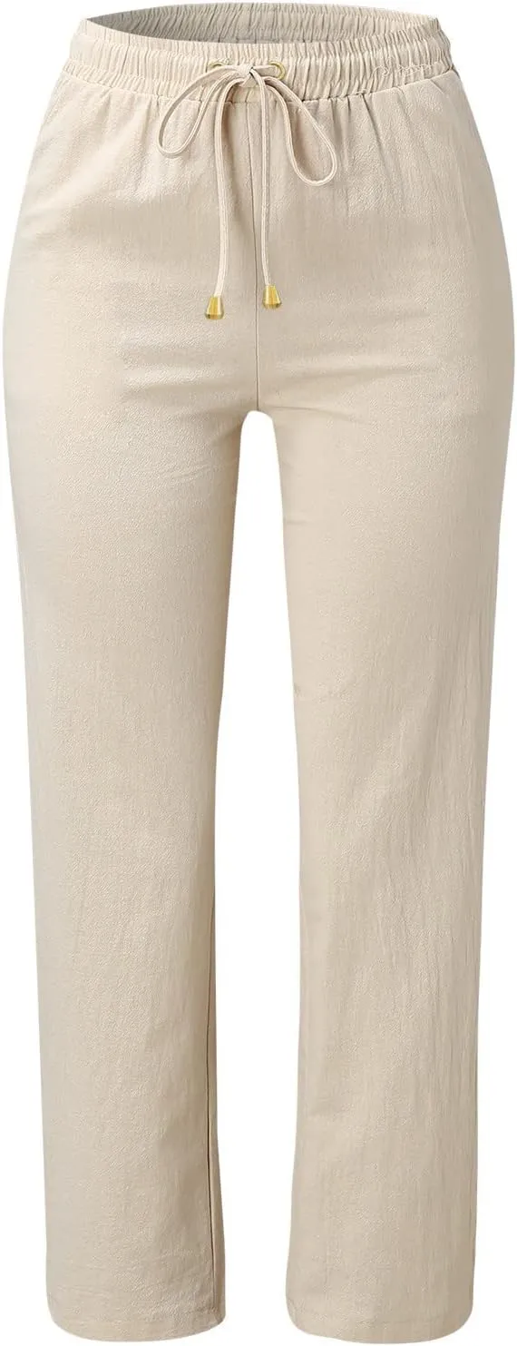 Women's Linen Pants Casual Classic Loose Wide Leg Linen Trousers Lightweight Drawstring Straight Leg Cotton Linen Pant