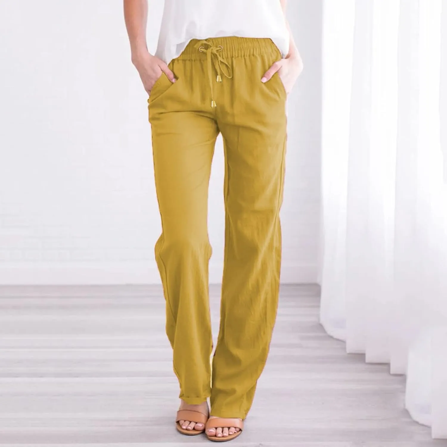 Women's Linen Pants Casual Classic Loose Wide Leg Linen Trousers Lightweight Drawstring Straight Leg Cotton Linen Pant