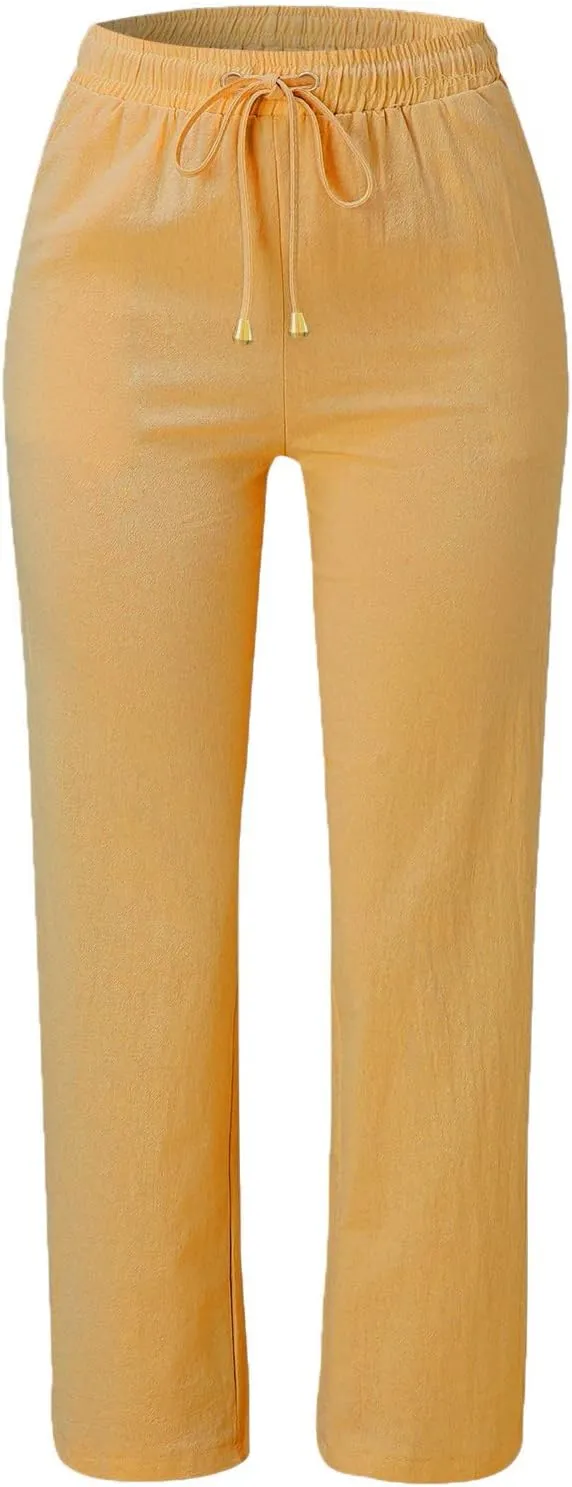 Women's Linen Pants Casual Classic Loose Wide Leg Linen Trousers Lightweight Drawstring Straight Leg Cotton Linen Pant