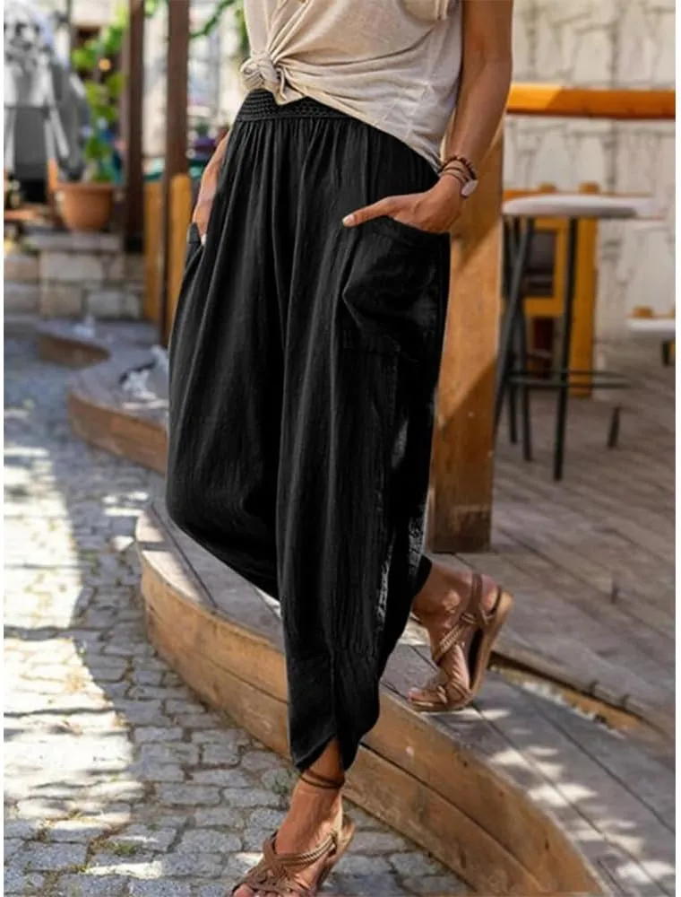 Women's Linen Pants Lantern Tapered Elastic Waist Cropped Pants Trousers with Pockets