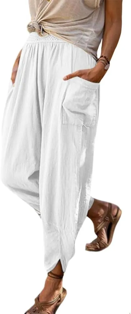 Women's Linen Pants Lantern Tapered Elastic Waist Cropped Pants Trousers with Pockets