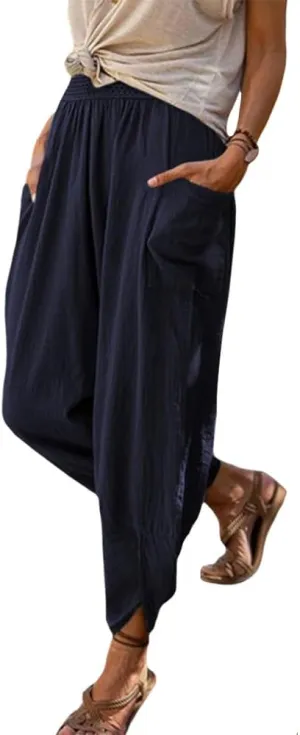 Women's Linen Pants Lantern Tapered Elastic Waist Cropped Pants Trousers with Pockets