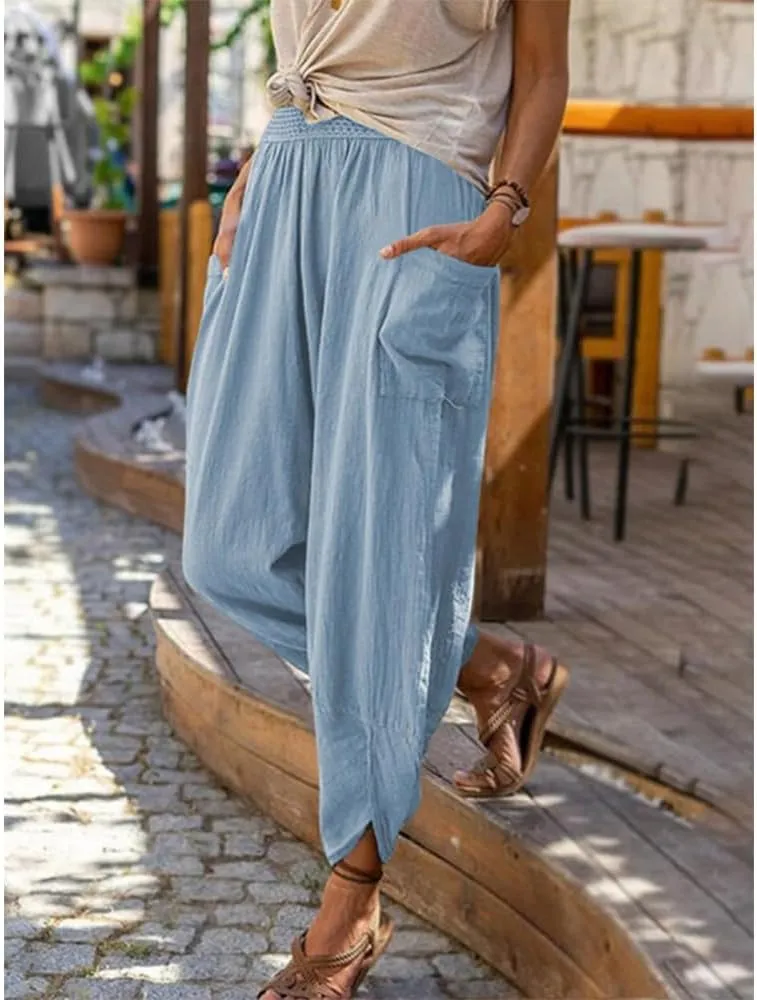 Women's Linen Pants Lantern Tapered Elastic Waist Cropped Pants Trousers with Pockets