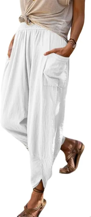 Women's Linen Pants Lantern Tapered Elastic Waist Cropped Pants Trousers with Pockets