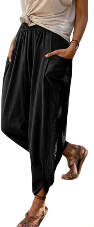 Women's Linen Pants Lantern Tapered Elastic Waist Cropped Pants Trousers with Pockets