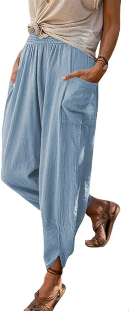 Women's Linen Pants Lantern Tapered Elastic Waist Cropped Pants Trousers with Pockets