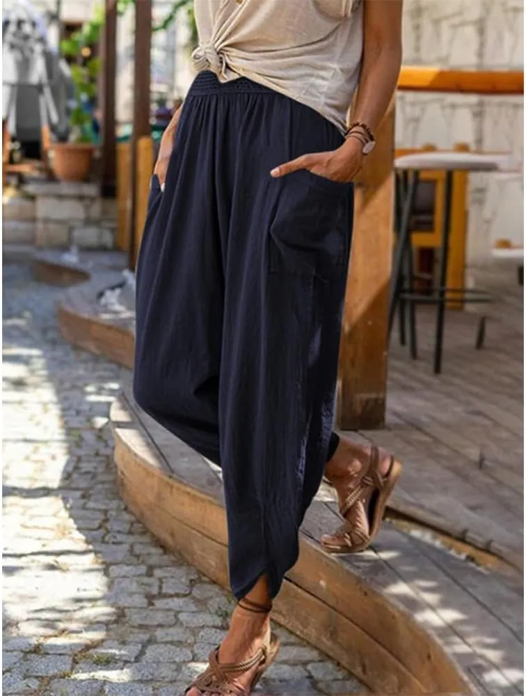 Women's Linen Pants Lantern Tapered Elastic Waist Cropped Pants Trousers with Pockets