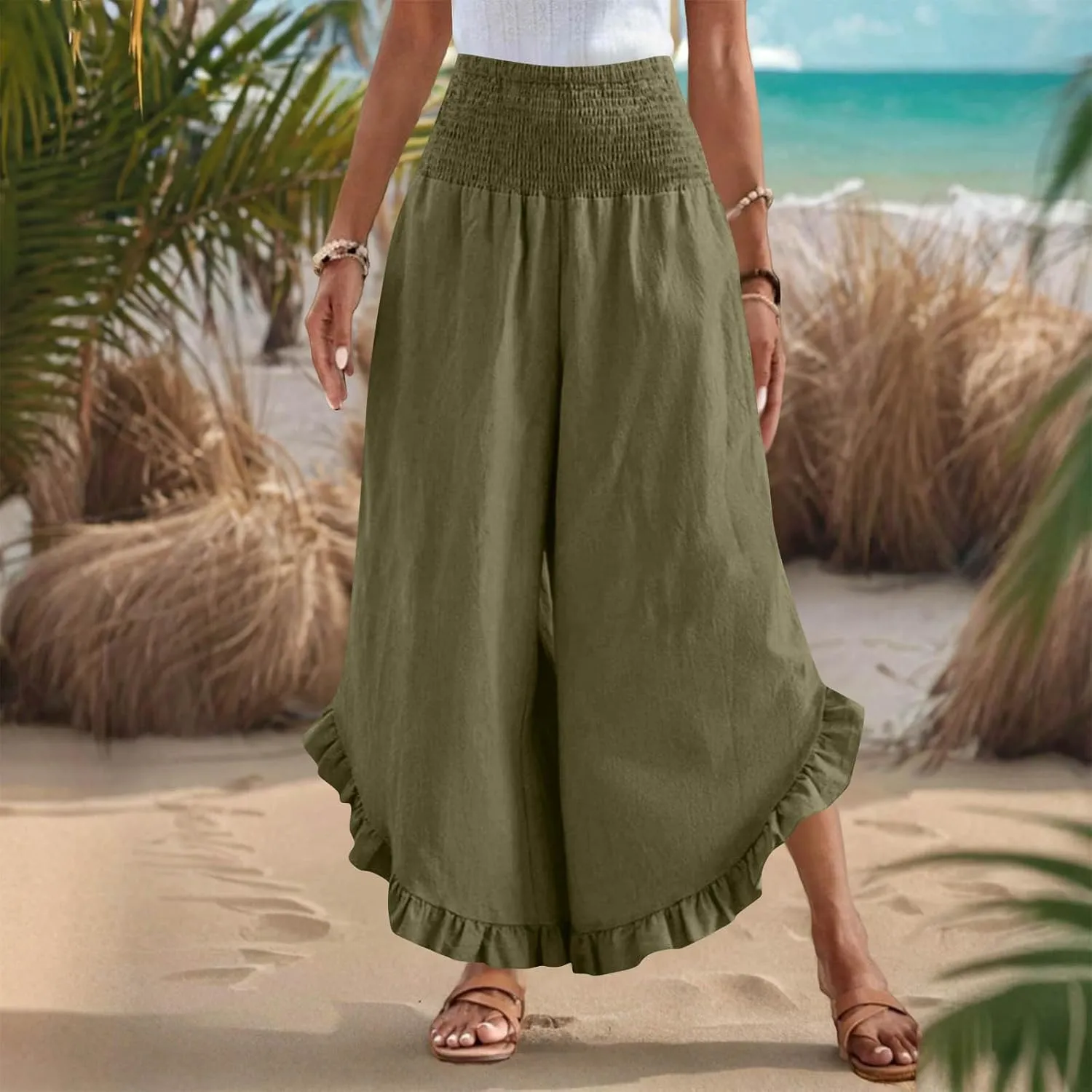 Womens Linen Pants Summer Wide Leg Pants Casual Loose Smocked High Waist Palazzo Pant Flowy Beach Trousers 2025