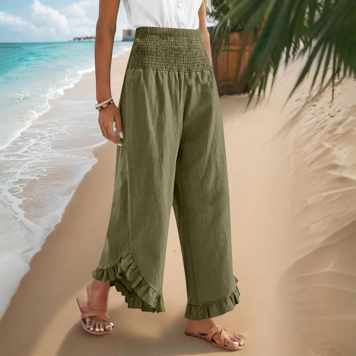 Womens Linen Pants Summer Wide Leg Pants Casual Loose Smocked High Waist Palazzo Pant Flowy Beach Trousers 2025