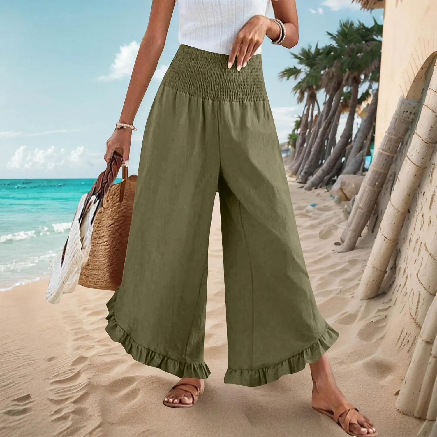 Womens Linen Pants Summer Wide Leg Pants Casual Loose Smocked High Waist Palazzo Pant Flowy Beach Trousers 2025