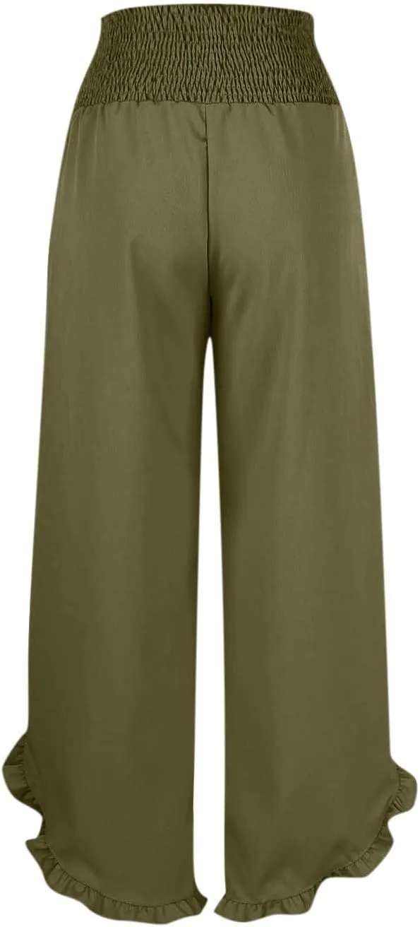 Womens Linen Pants Summer Wide Leg Pants Casual Loose Smocked High Waist Palazzo Pant Flowy Beach Trousers 2025