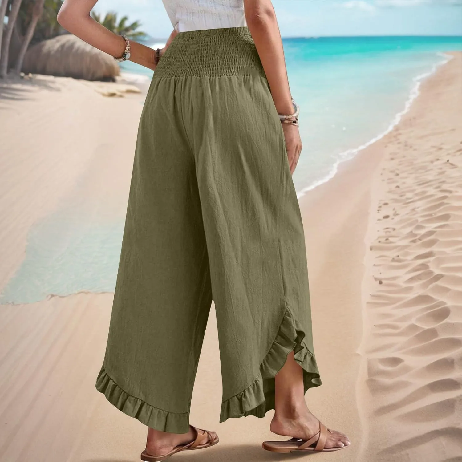 Womens Linen Pants Summer Wide Leg Pants Casual Loose Smocked High Waist Palazzo Pant Flowy Beach Trousers 2025