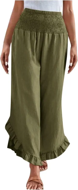 Womens Linen Pants Summer Wide Leg Pants Casual Loose Smocked High Waist Palazzo Pant Flowy Beach Trousers 2025