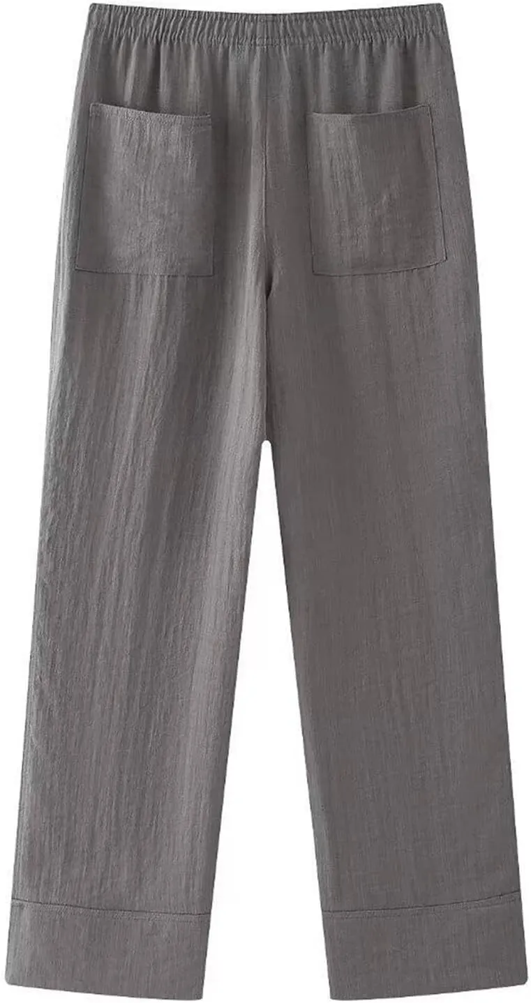 Womens Linen Pants with Pockets High Waisted Palazzo Pants Belted Straight Leg Trousers 2025 Summer Beach Trousers