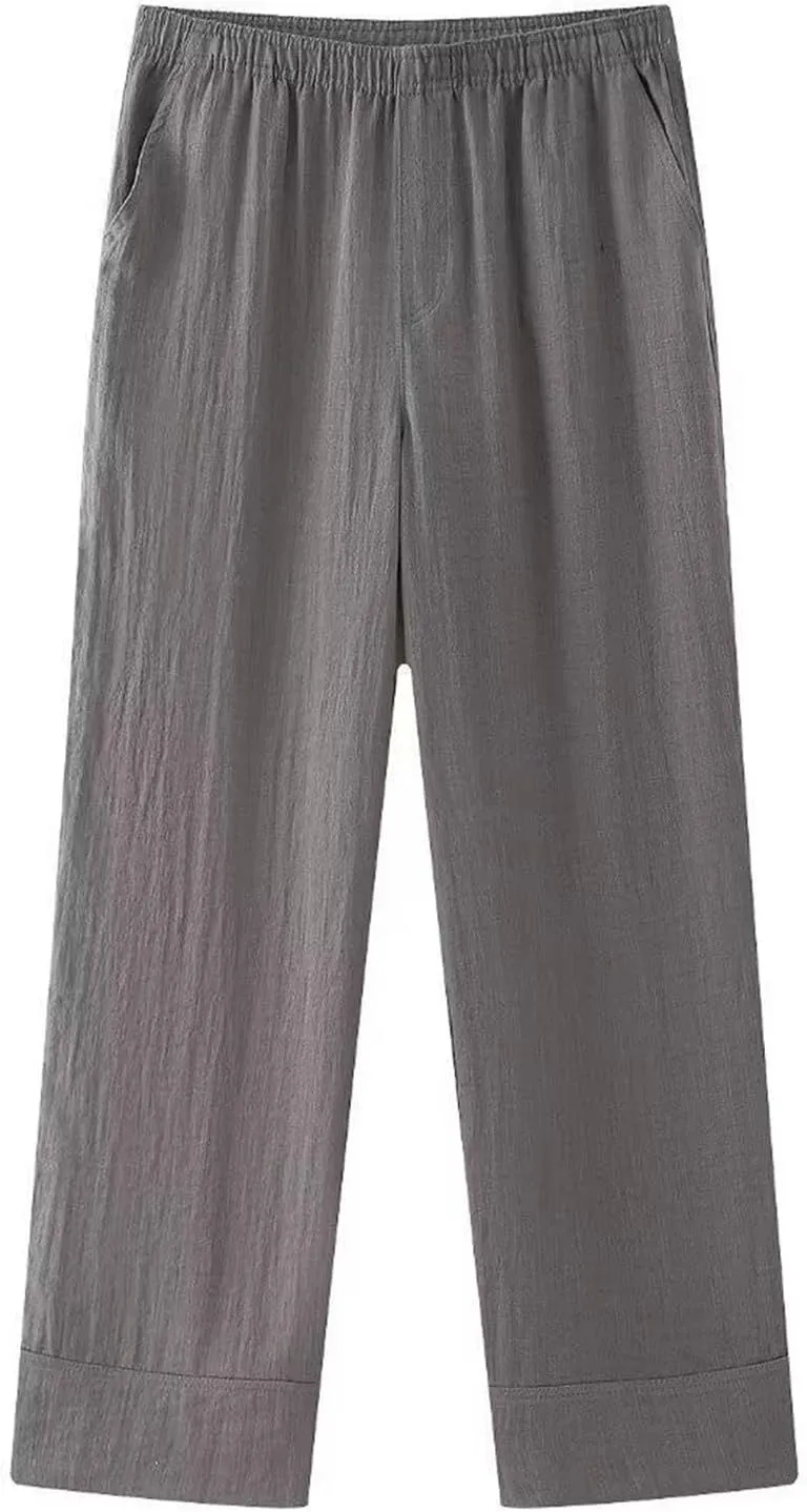 Womens Linen Pants with Pockets High Waisted Palazzo Pants Belted Straight Leg Trousers 2025 Summer Beach Trousers