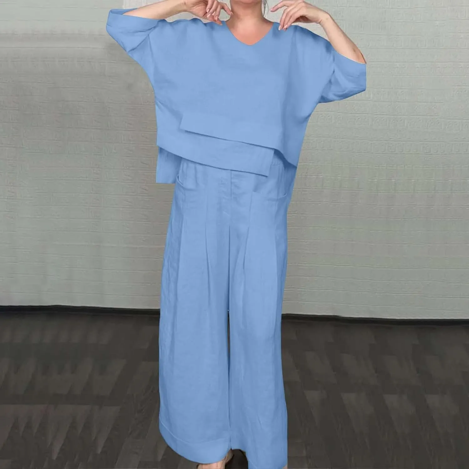 Womens Linen Set 2 Piece Outfits Casual Pants Sets Matching 3/4 Sleeve T Shirts Lounge Pant with Pockets