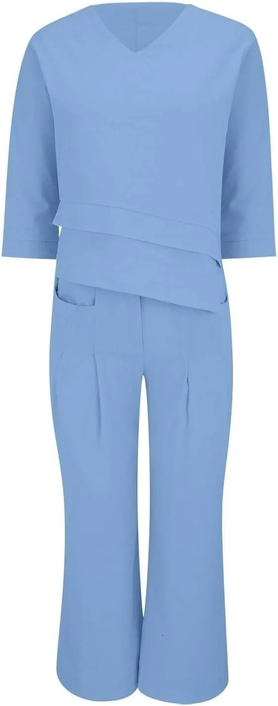 Womens Linen Set 2 Piece Outfits Casual Pants Sets Matching 3/4 Sleeve T Shirts Lounge Pant with Pockets