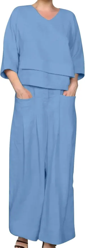 Womens Linen Set 2 Piece Outfits Casual Pants Sets Matching 3/4 Sleeve T Shirts Lounge Pant with Pockets
