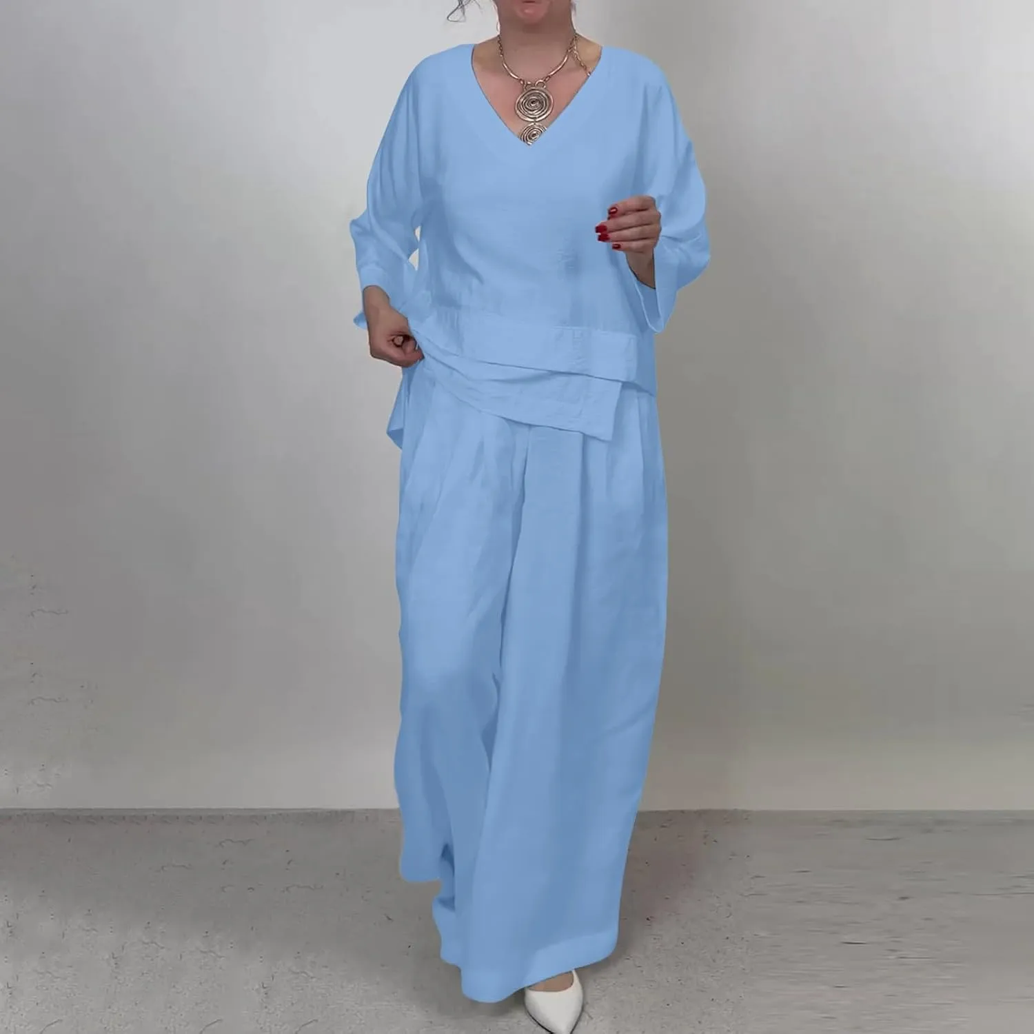 Womens Linen Set 2 Piece Outfits Casual Pants Sets Matching 3/4 Sleeve T Shirts Lounge Pant with Pockets