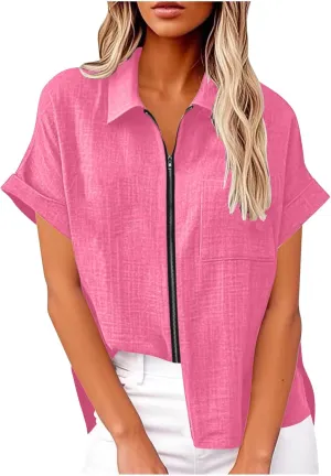 Women's Linen Summer Shirts Zip Up Dressy Casual Tops Collared V Neck Short Sleeve Blouses Trendy Tshirts for Work