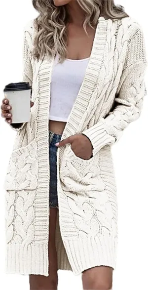 Womens Long Cardigan Coats Thin Stylish Cable Knit Maxi Sweater Open Front Coatigan Outerwear