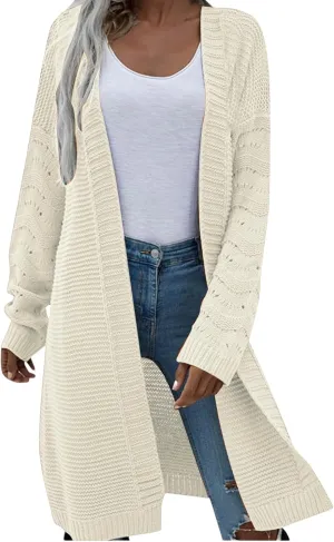 Womens Long Cardigan Sweater Casual Loose Cable Knit Cardigans Oversized Open Front Long Sleeve Sweater Winter Coat