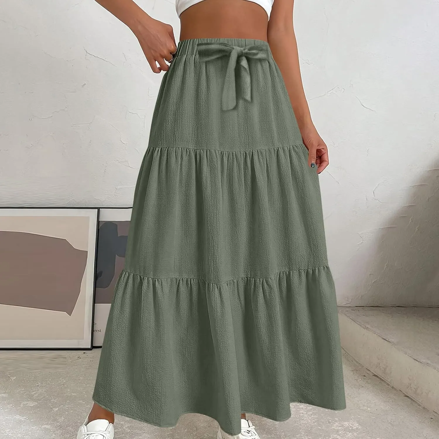 Womens Long Maxi Skirts Fashion Tiered Pleated A-Line Skirt Drawstring Waist Loose Solid Beach Travel Clothes 2025