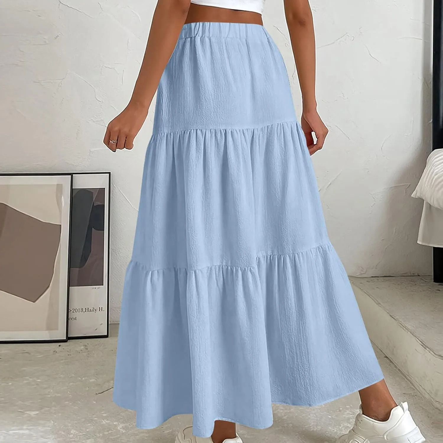 Womens Long Maxi Skirts Fashion Tiered Pleated A-Line Skirt Drawstring Waist Loose Solid Beach Travel Clothes 2025