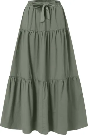 Womens Long Maxi Skirts Fashion Tiered Pleated A-Line Skirt Drawstring Waist Loose Solid Beach Travel Clothes 2025