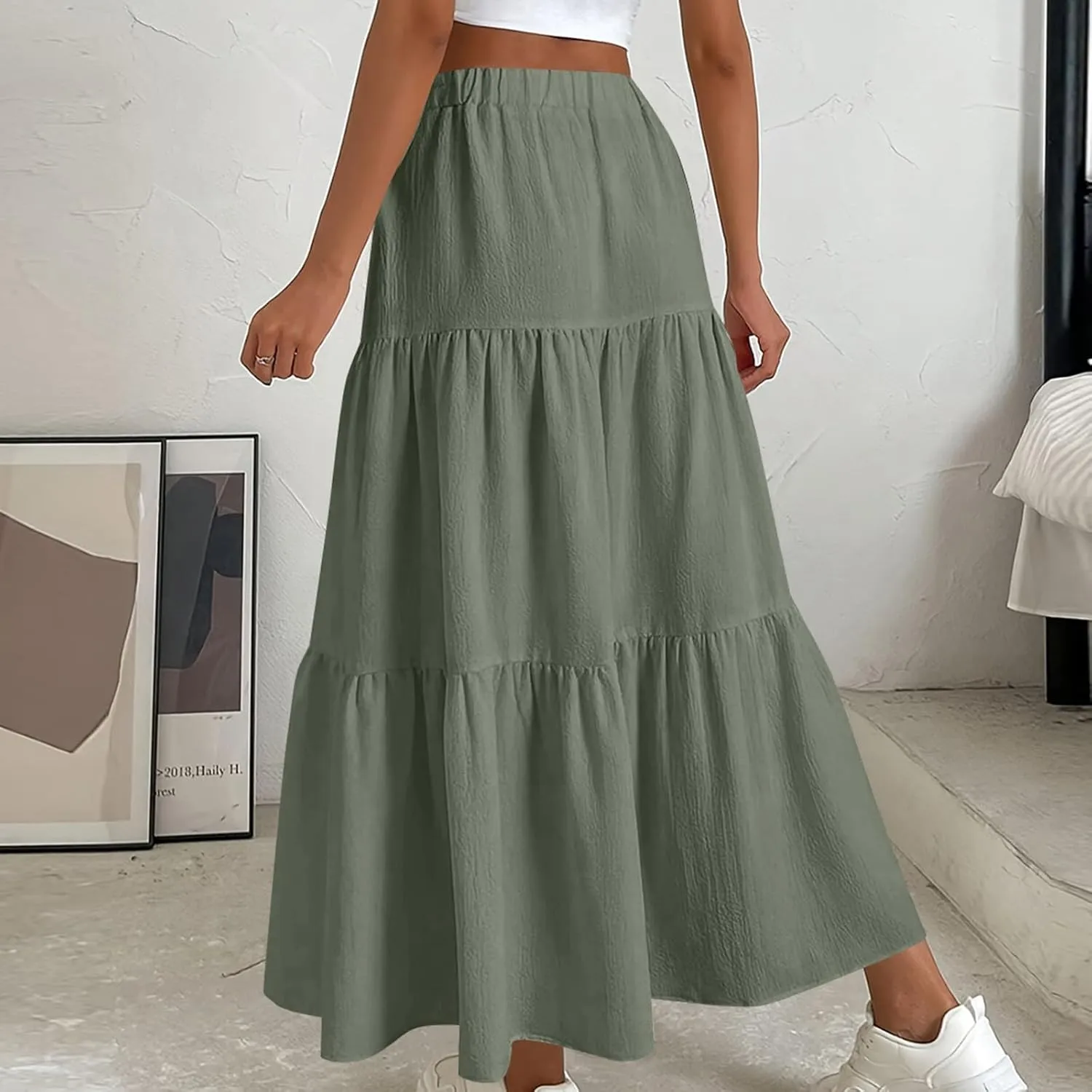 Womens Long Maxi Skirts Fashion Tiered Pleated A-Line Skirt Drawstring Waist Loose Solid Beach Travel Clothes 2025