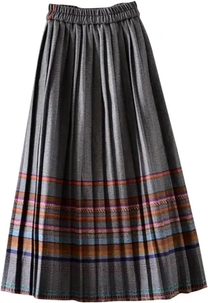 Womens Long Plaid Wool Skirt A line Flared Pleat Wool Tartan Skirt Winter Fall Warm High Elastic Waist Maxi Skirts