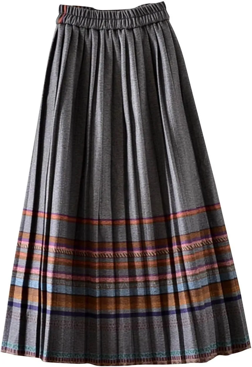 Womens Long Plaid Wool Skirt A line Flared Pleat Wool Tartan Skirt Winter Fall Warm High Elastic Waist Maxi Skirts