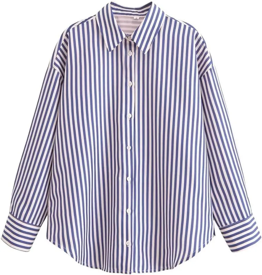 Women's Loose Collar Long Sleeve Top Temperament Single Breasted Striped Shirt