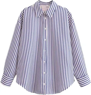 Women's Loose Collar Long Sleeve Top Temperament Single Breasted Striped Shirt