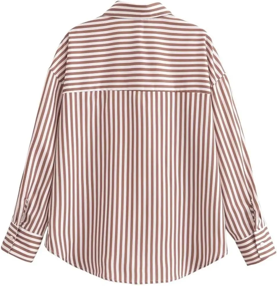 Women's Loose Collar Long Sleeve Top Temperament Single Breasted Striped Shirt