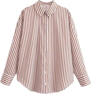 Women's Loose Collar Long Sleeve Top Temperament Single Breasted Striped Shirt