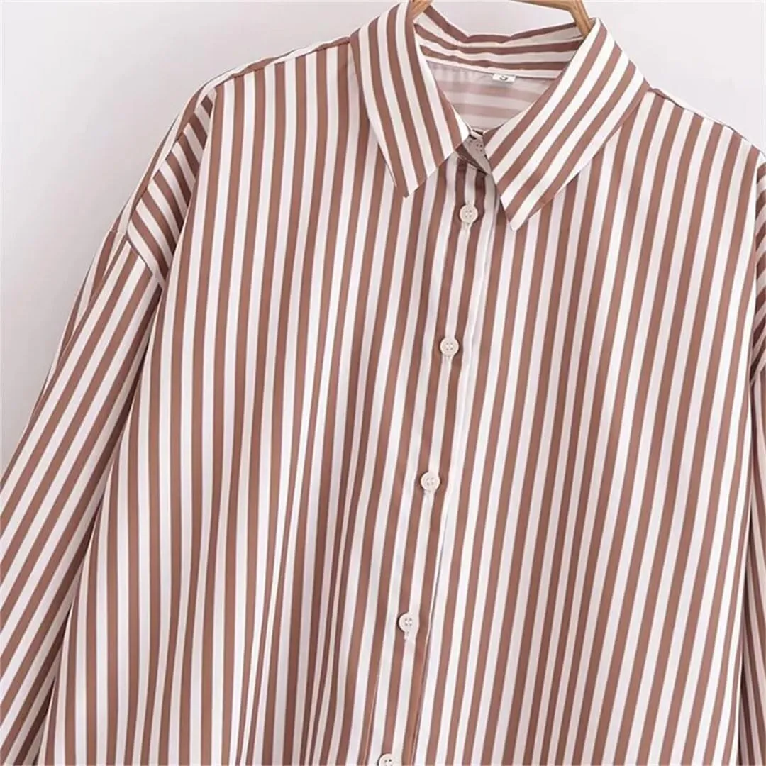 Women's Loose Collar Long Sleeve Top Temperament Single Breasted Striped Shirt