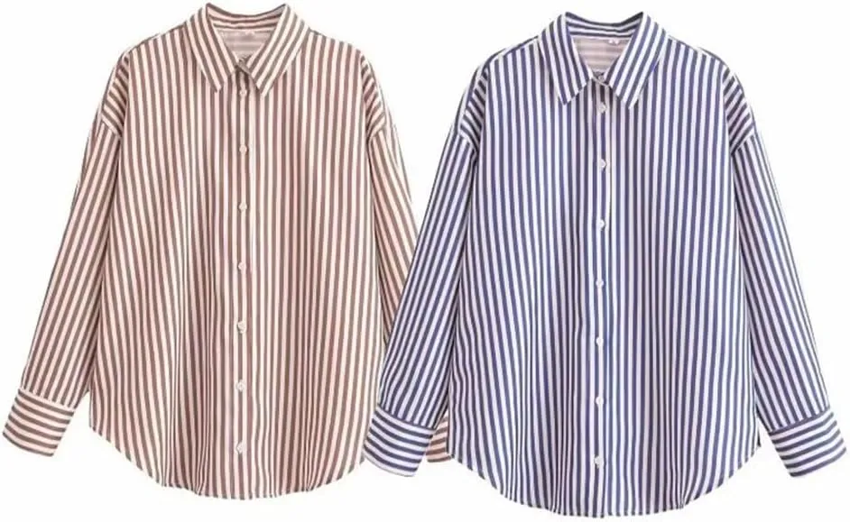 Women's Loose Collar Long Sleeve Top Temperament Single Breasted Striped Shirt