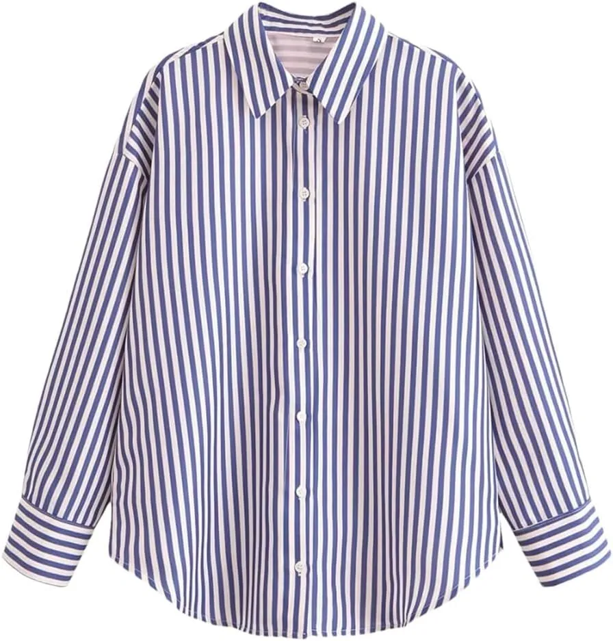 Women's Loose Collar Long Sleeve Top Temperament Single Breasted Striped Shirt