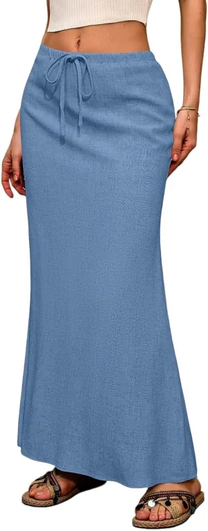 Womens Maxi Skirts Long Cotton Linen Summer Drawstring High Waisted Aline Skirt with Slit Bohemian Skirts (S-2Xl)