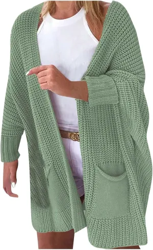 Womens Open Front Sweater Oversized Chunky Long Sleeve Knitted Long Cardigan Buttonless Lounge Outerwear with Pockets