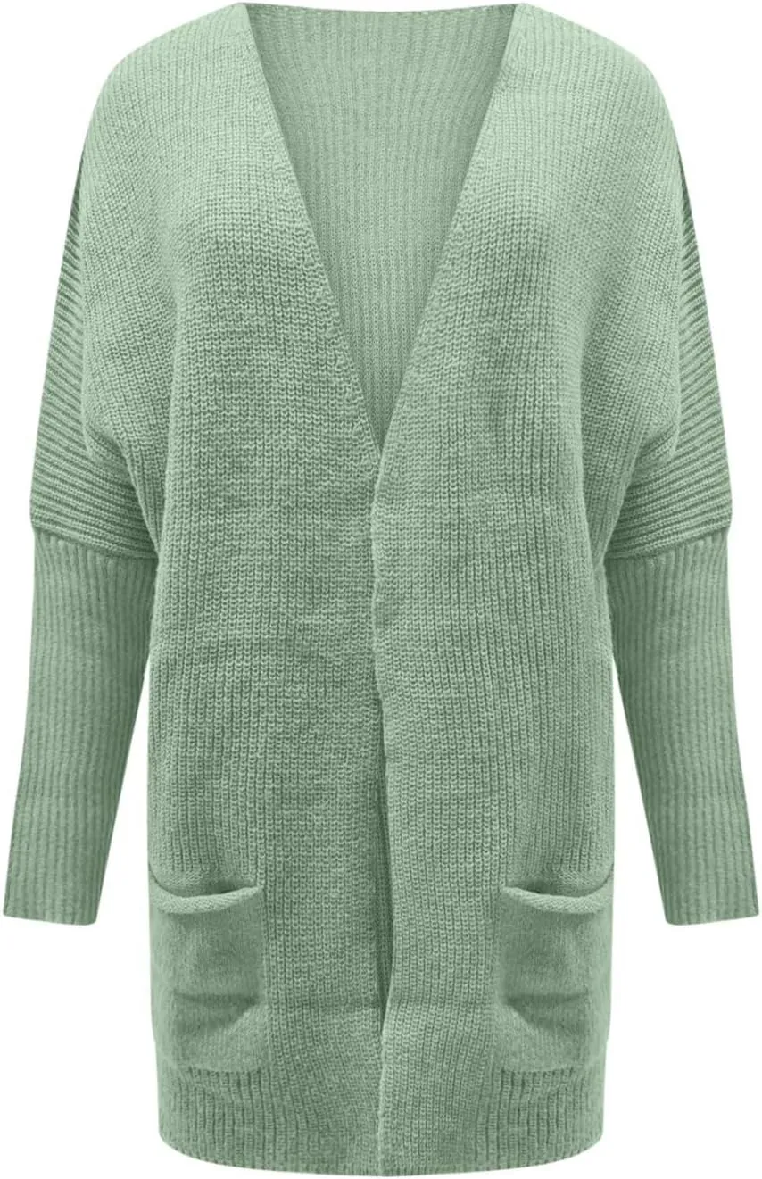 Womens Open Front Sweater Oversized Chunky Long Sleeve Knitted Long Cardigan Buttonless Lounge Outerwear with Pockets