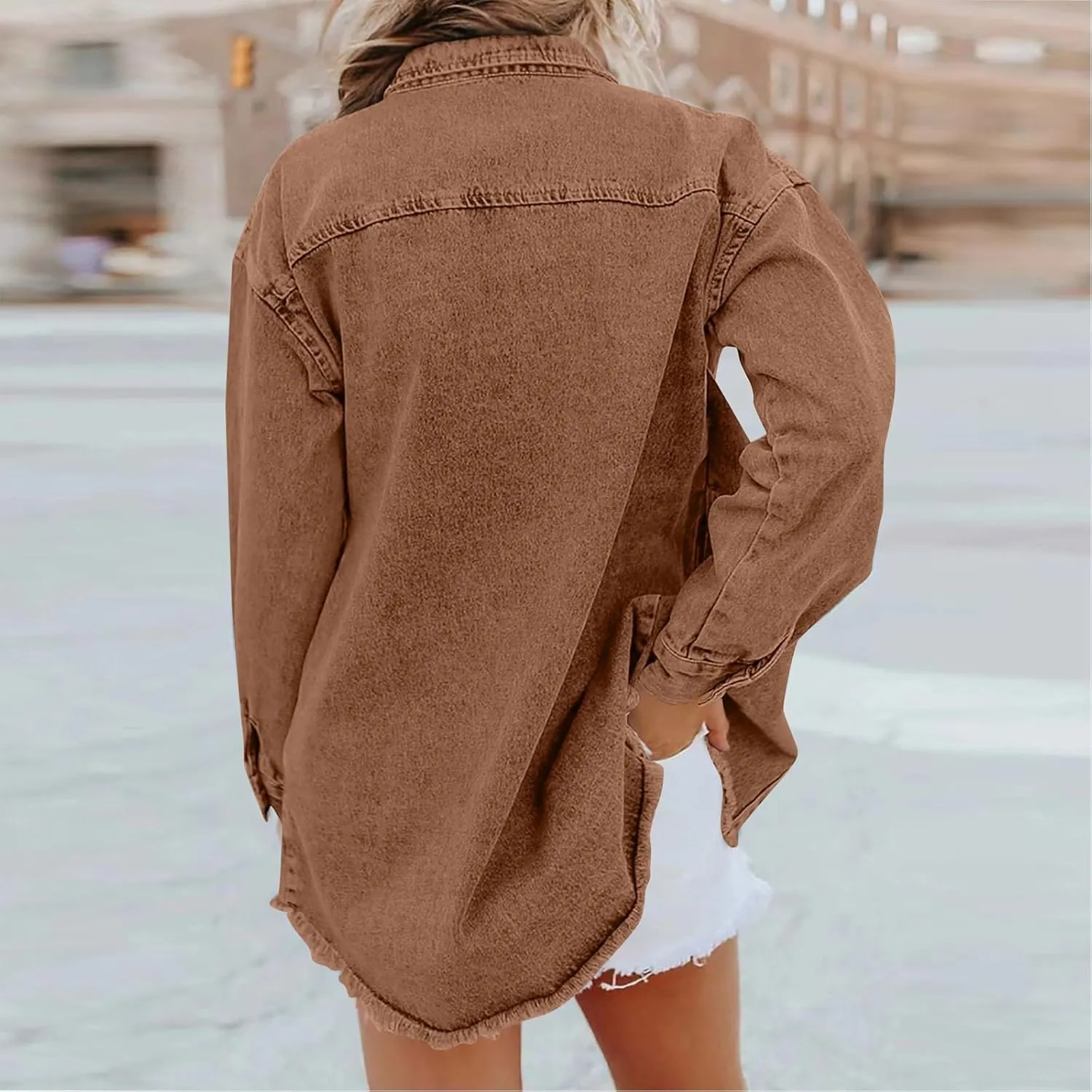Womens Oversized Denim Jacket Lightweight Button Up Frayed Hem Shacket Long Sleeve Boyfriend Jean Jackets