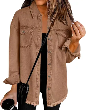 Womens Oversized Denim Jacket Lightweight Button Up Frayed Hem Shacket Long Sleeve Boyfriend Jean Jackets
