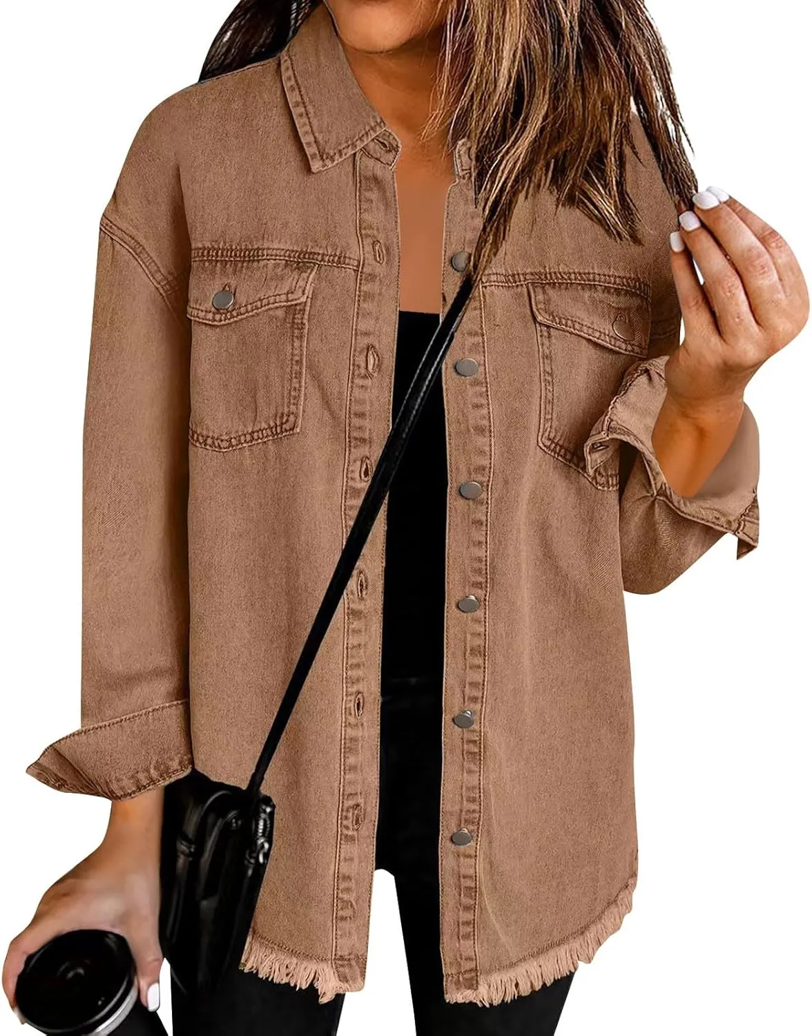 Womens Oversized Denim Jacket Lightweight Button Up Frayed Hem Shacket Long Sleeve Boyfriend Jean Jackets