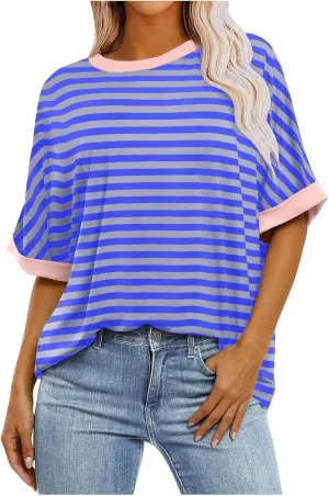 Womens Oversized T Shirts Fashion Striped Summer Tops Loose Fit Basic Tee Shirt Crewneck Plus Size Tunic 2024 Trendy