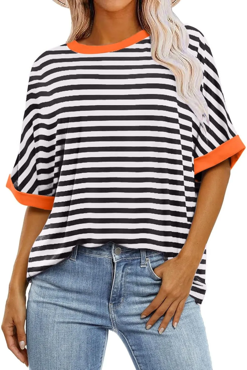 Womens Oversized T Shirts Fashion Striped Summer Tops Loose Fit Basic Tee Shirt Crewneck Plus Size Tunic 2024 Trendy